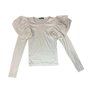 Zara Ruffled Ribbed Long Sleeve Top | Tan / Light Grey | Size S